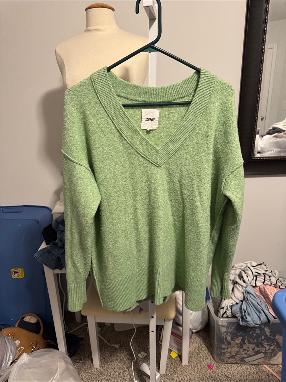 aerie Light Green V-Neck Knit Sweater runs big